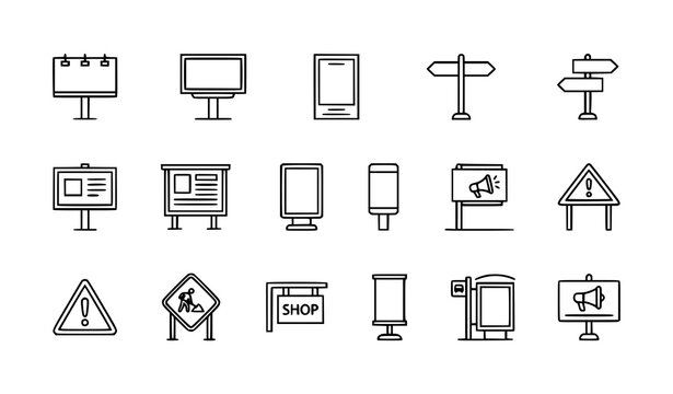 Billboard and outdoor advertising line icon set with poster street sign information board and warning symbols