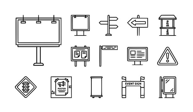 Billboard advertising and public sign icon bundle with outdoor poster information and warning vector pictograms