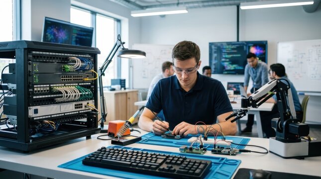 Innovation lab for AI and cybersecurity training with server rack, microcontroller boards, soldering station, and robotic arm