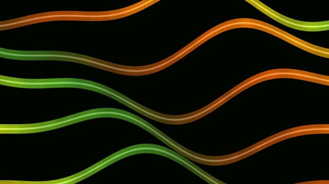 Waving lines of orange and green colors form a repeating pattern on black.