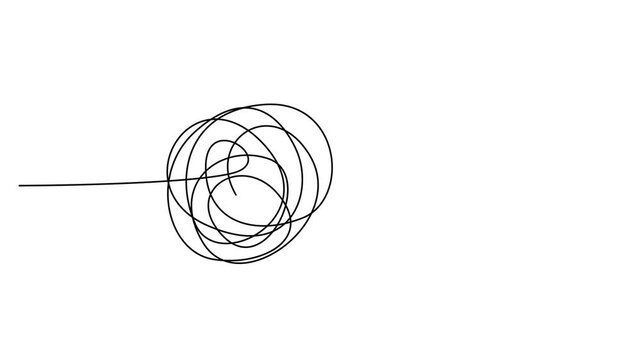 Minimalist continuous line art of tangled mess transforming into light bulb, creative problem solving concept, simple black and white 4k video