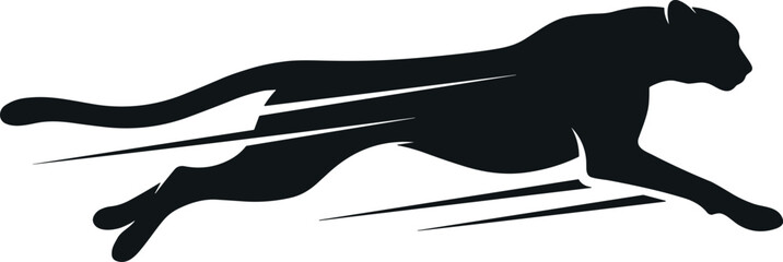 Running cheetah black silhouette vector illustration isolated on white background, fast leopard wild cat speed logo emblem icon for athletic sports branding design. © MdArif