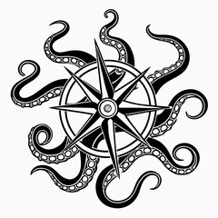 Vintage style nautical compass rose surrounded by octopus tentacles with nautical art, nautical them © Ar