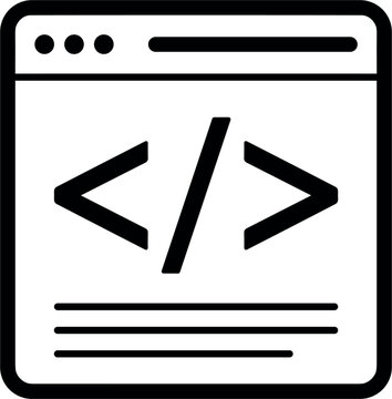 Web development coding window black outline vector illustration isolated on white background, custom software engineering HTML tag icon for programmer UI system design.
