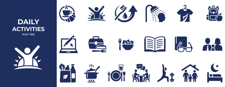 Daily activities icon set illustrating common routine for lifestyle and wellness concepts