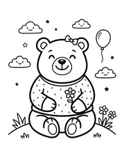 Fototapeta premium Adorable cartoon teddy bear sitting outdoors with flowers, stars, clouds, and a balloon for a delightful kids coloring page design
