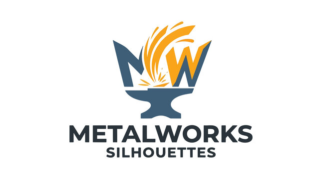Logo design symbolizing metalworks with an anvil and sparks, representing a metal fabrication or blacksmith business.