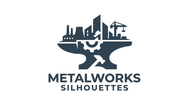 A modern logo silhouette combines industrial elements like factories, cranes, and gears with an anvil and hammer to represent metalworks.