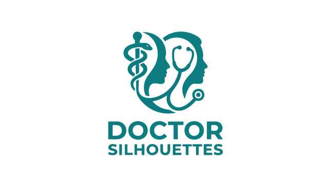 A teal silhouette logo creatively merges a caduceus symbol with facing profiles of a male and female head, representing medical professions.