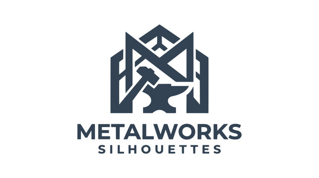 Abstract logo design for metalworks featuring an anvil, hammer, and geometric shapes within a framework.