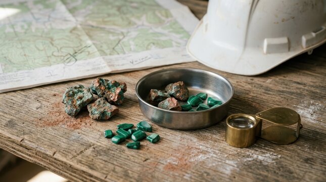 Copper ore fragments, malachite chips, assay pan, and hand lens on a weathered table for mineral exploration and resource growth.