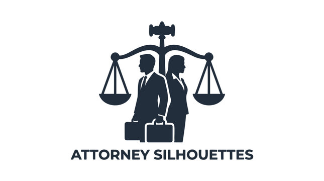 A dark silhouette logo features a male and female attorney on either side of a balanced scale of justice, holding briefcases.