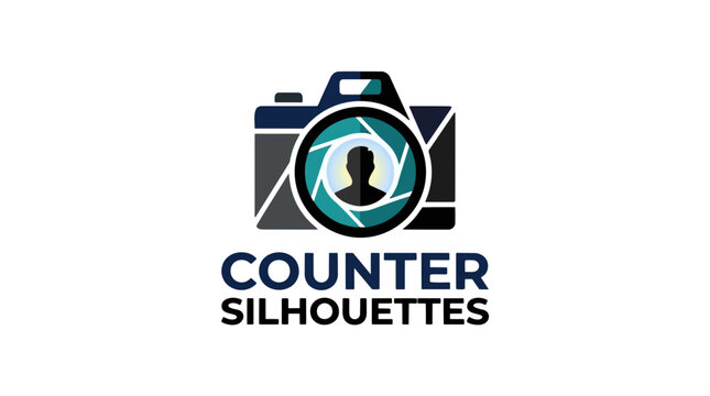 A modern logo silhouette features a camera with its lens revealing a profile silhouette of a person, symbolizing photography and identity.