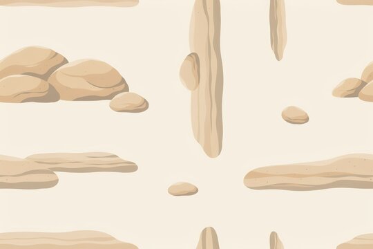 Seamless pattern of smooth beige river stones and flat rock formations scattered on a light neutral background, for a natural, earth texture