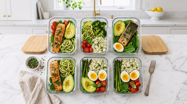 Nutritious lunch boxes featuring grilled salmon, boiled eggs, fresh vegetables and wholesome ingredients prepared for healthy meal planning and balanced nutrition. Suitable for diet, wellness and fitn