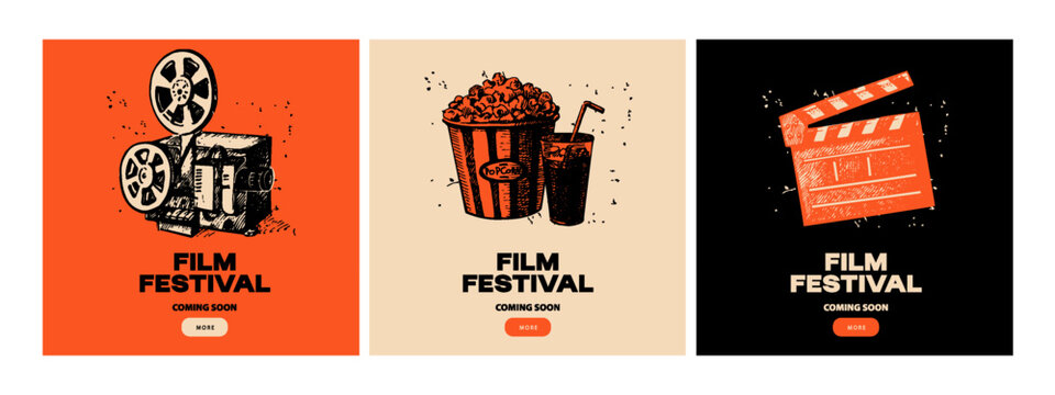 Collage banner set of sketch clapperboard, projector and popcorn. Retro cinema and movie night background. Film studio, streaming platform, ticket service concept. Hand drawn vector illustration.