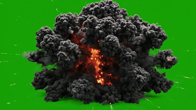 Large realistic fire explosion with thick black smoke isolated on green screen for vfx compositing and action sequences