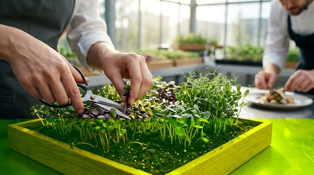 Professional chef cutting fresh microgreens inside greenhouse for sustainable farm to table cooking.