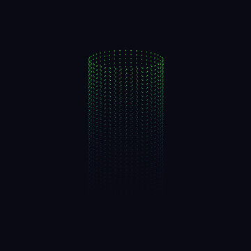 Futuristic green halftone cylinder vector, glowing digital dot matrix column, abstract 3D wireframe geometry for technology and data visualization