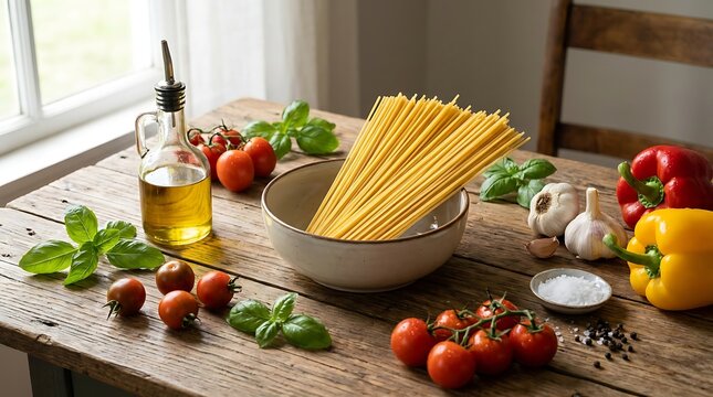 Rustic wooden kitchen table set with raw spaghetti pasta tomatoes fresh basil leaves olive oil garlic.