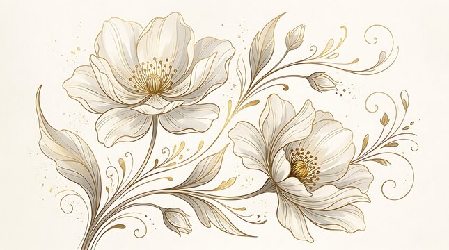 Beautiful hand drawn floral illustration with delicate flowers and elegant swirling leaves in artistic sketch style