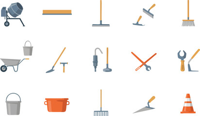 Professional equipment for construction and cleaning tasks featuring concrete mixer shovel wheelbarrow bucket brush set. © Zahangir