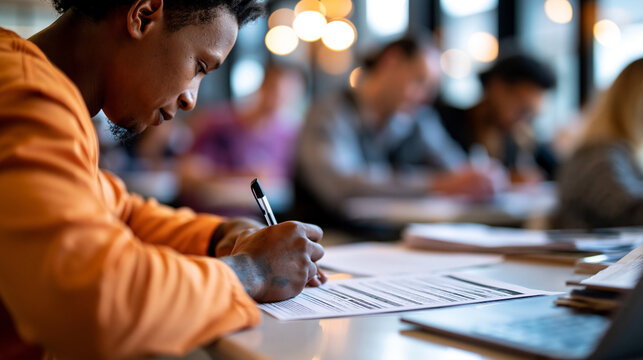 Rear view of a black man in an orange uniform writing a resume with a pen at a bright desk in a supervised institutional classroom second chance education concept vocational