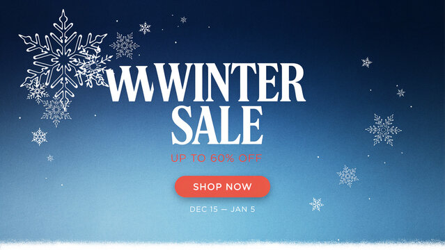 Winter sale promotion banner featuring snowflakes and discount offer for holiday shopping event