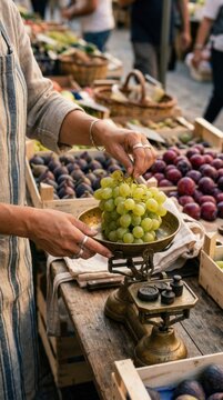 Close up of hands with simple silver rings weighing a bunch of translucent green grapes on a small vintage brass scale at an outdoor street market stall, farmers market concept photography