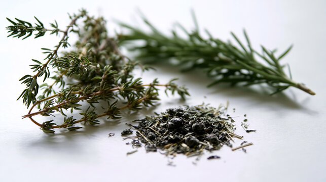 Fresh thyme leaves with dried berries on white surface