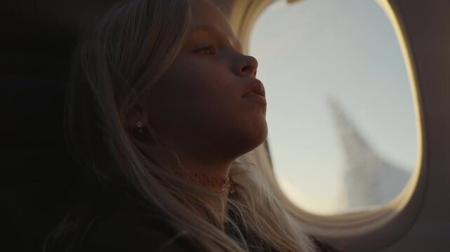 Child tilts her head back and swallows to relieve ear pressure during the flight, mouth slightly open, warm sunset light comes through the airplane window, ear popping in the cabin
