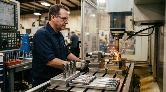 Machinist operating wire edm and electro-discharge grinding with copper electrode, carbide end mills, dielectric fluid, and sparks on a tool blank.