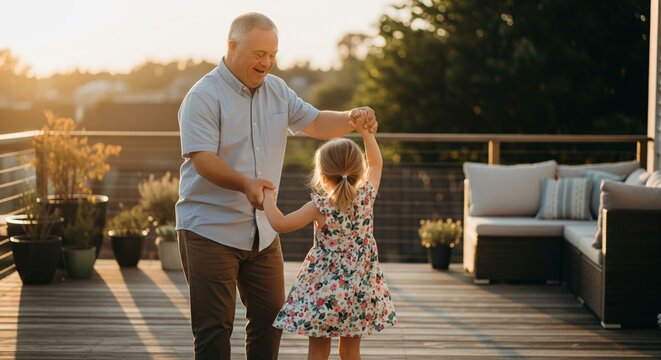 Happy senior man with Down syndrome smiling warmly beside a younger companion on a park bench at golden hour sunset, joyful intergenerational friendship inclusion lifestyle concept photography