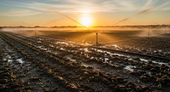 Irrigation sprinklers watering rows of young seedlings in a dry cracked farm field at sunrise with mist rising in golden light, sustainable agriculture concept photography
