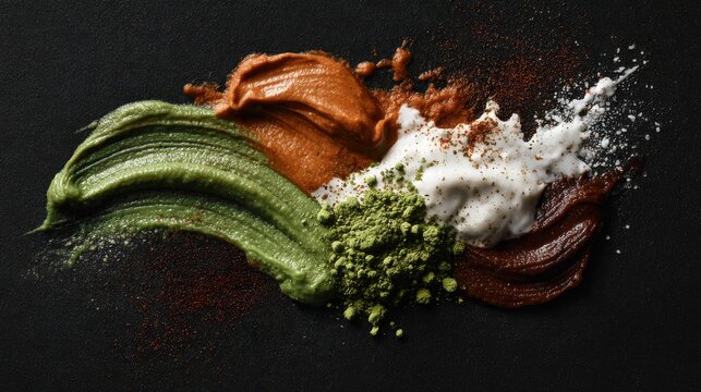 Abstract close up of vivid green terracotta and cream colored sauce swirls smeared together on a dark black background, colorful culinary art texture concept food photography