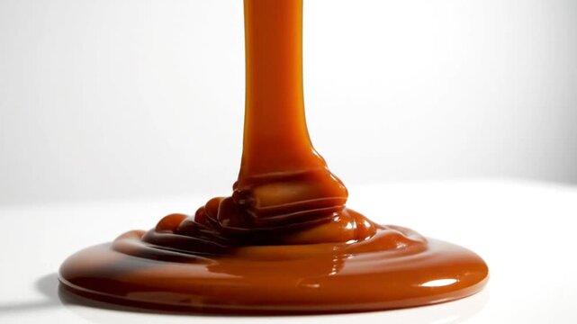 Luxurious caramel sauce pouring down with slow motion to create a delicious dessert topping on a white background