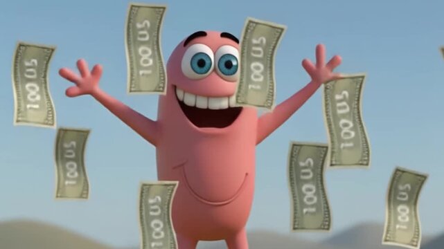 3D style animation in medium shot with fixed front camera showing a cute monster character with a joyful and astonished face as money bills fall from the sky