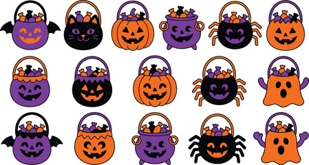 Fototapeta premium Halloween candy bucket icon collection featuring trick or treat pumpkin pails in flat vector illustration style