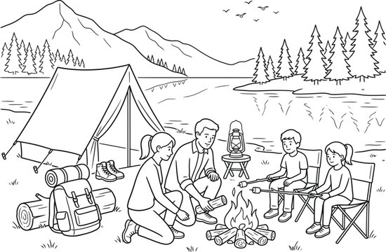 Family camping coloring pages design outdoor adventure scene for kids and adults printable activity book