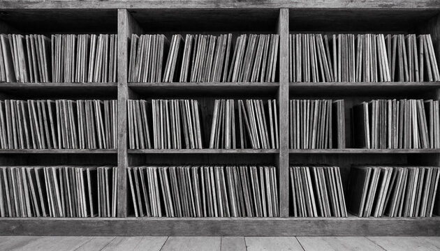 Rows of vintage vinyl records stored vertically on wooden shelves in a dark library, creating a rhythmic pattern of black and white textures