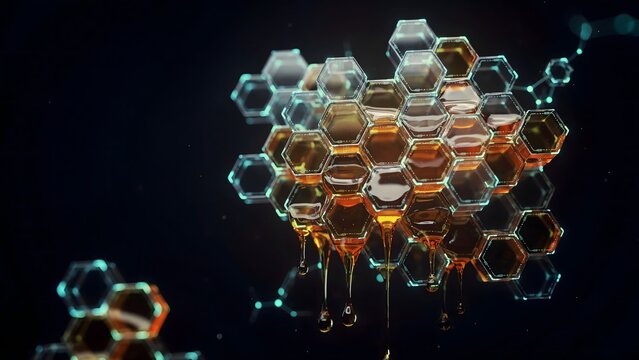 Luminous blockchain honeycomb dripping golden honey in dark void &ndash; Perfect for network security visuals, fintech illustrations, or digital growth media.