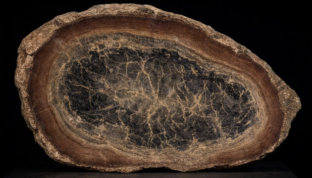 Polished cross section of a petrified wood log showing concentric growth rings and dark mineralized center on black background