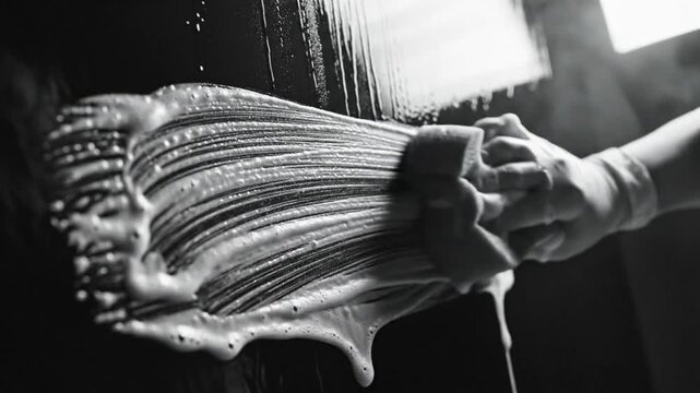 Hand in glove scrubs soapy dark surface in black and white close up