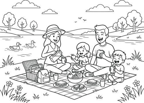 Family picnic coloring pages design black and white illustration for kids and adults relaxation