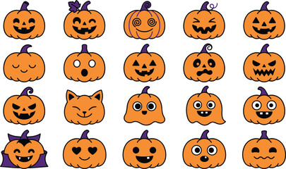 Obraz premium Cute Halloween pumpkin character icon collection featuring expressive jack o lantern faces in flat vector illustration style