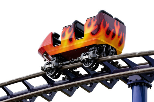 Isolated roller coaster car with vibrant flame design on a track, ready for a thrilling ride