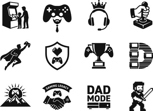 A collection of black silhouette dad gamer vector icons on a transparent background for various uses.