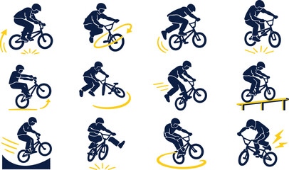 Obraz premium BMX bike rider performing freestyle tricks silhouette icons set