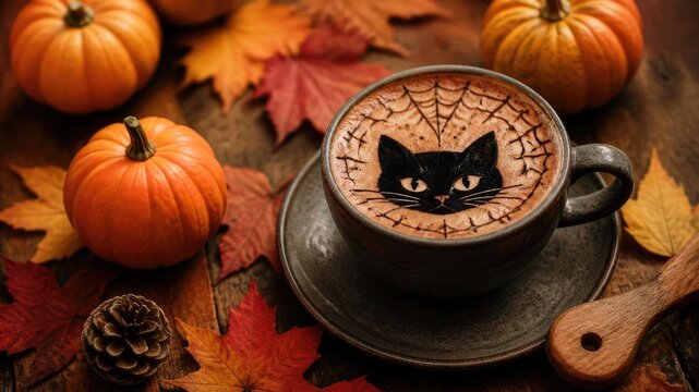 Spooky helloween latte art black cat and spiderweb design with pumpkins and autumn leaves