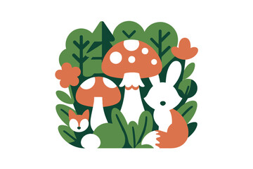 Naklejka premium Flat Vector Illustration Featuring A Cute White Rabbit And A Fox Face Surrounded By Red Toadstool Mushrooms With Green Foliage In A Forest Setting